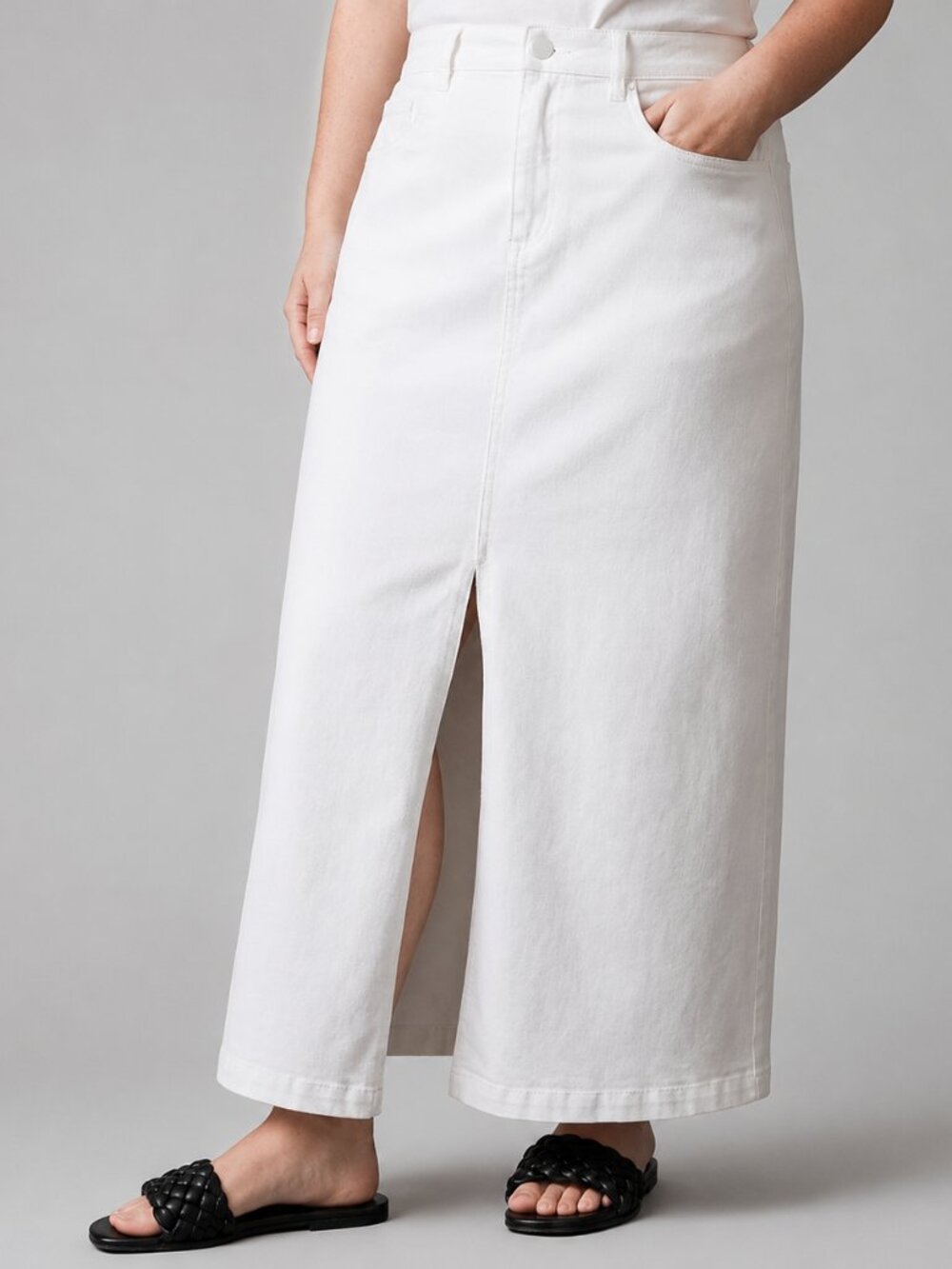 NWT Lane Bryant Women Plus Sz 26 White Denim Long Maxi Front Slit Skirt Stretch